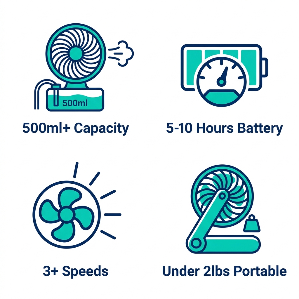 2x2 grid of icons highlighting key features of portable misting fans: large capacity tank, long battery life, multiple speeds, lightweight portability