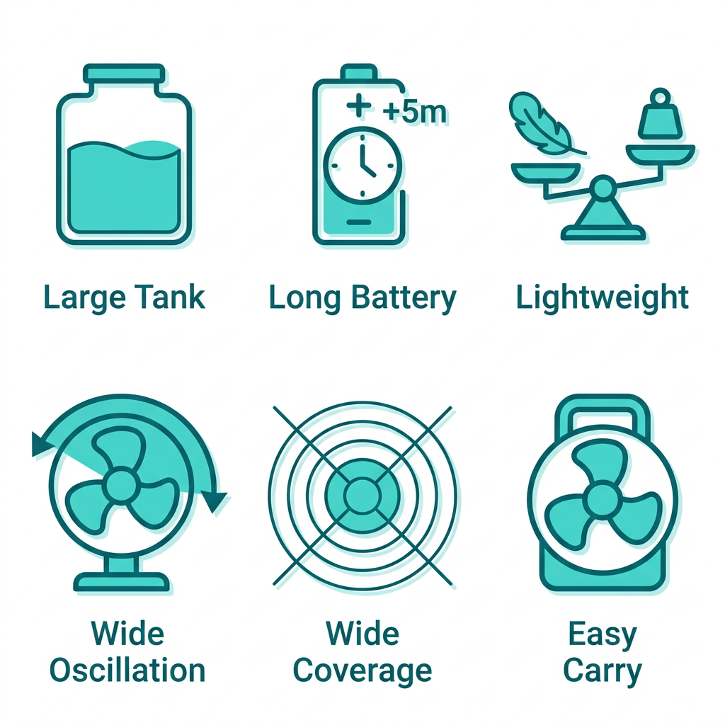 Square grid of 6 icons illustrating top features of portable patio misting fans: large tank, long battery, lightweight, wide oscillation, coverage area, easy portability.