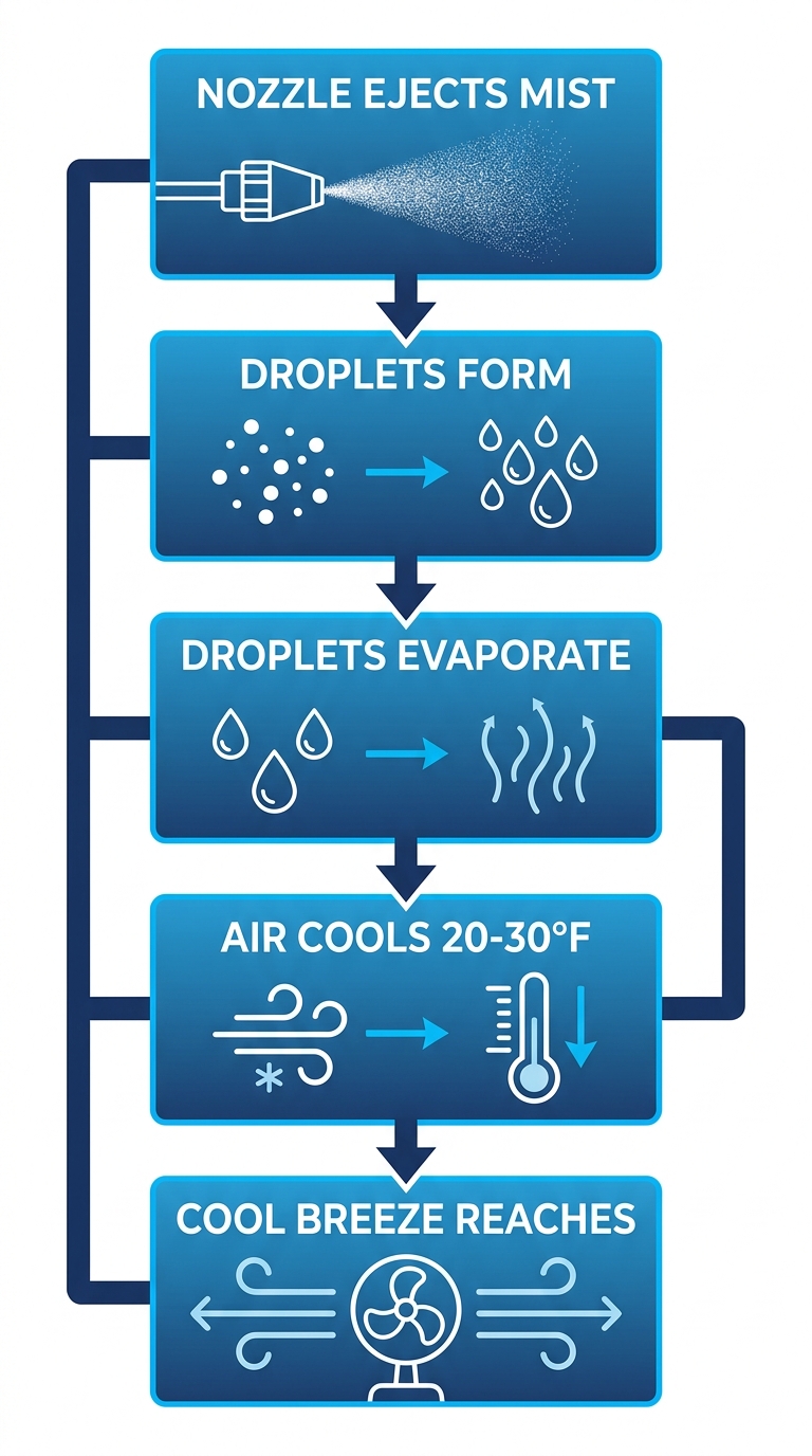 Vertical diagram illustrating five stages of instant evaporative cooling in misting fans: mist ejection, droplet formation, evaporation, temperature drop, and cool breeze delivery.