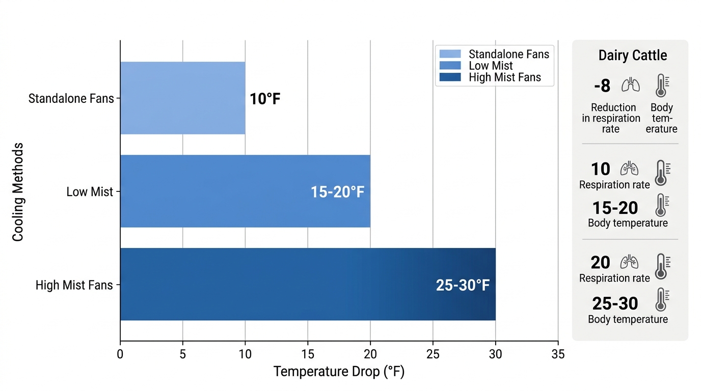 Horizontal bar chart comparing temperature drops from standalone fans, low-pressure mist, and high-pressure mist fans, plus dairy cattle study metrics