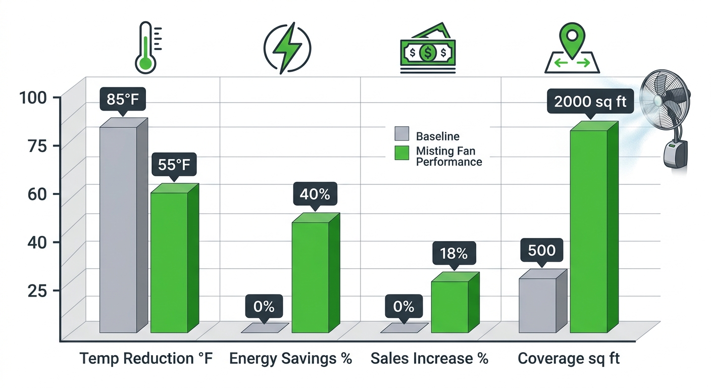 Bar chart comparing baseline versus misting fans performance in temperature reduction, energy savings, sales increase, and coverage area