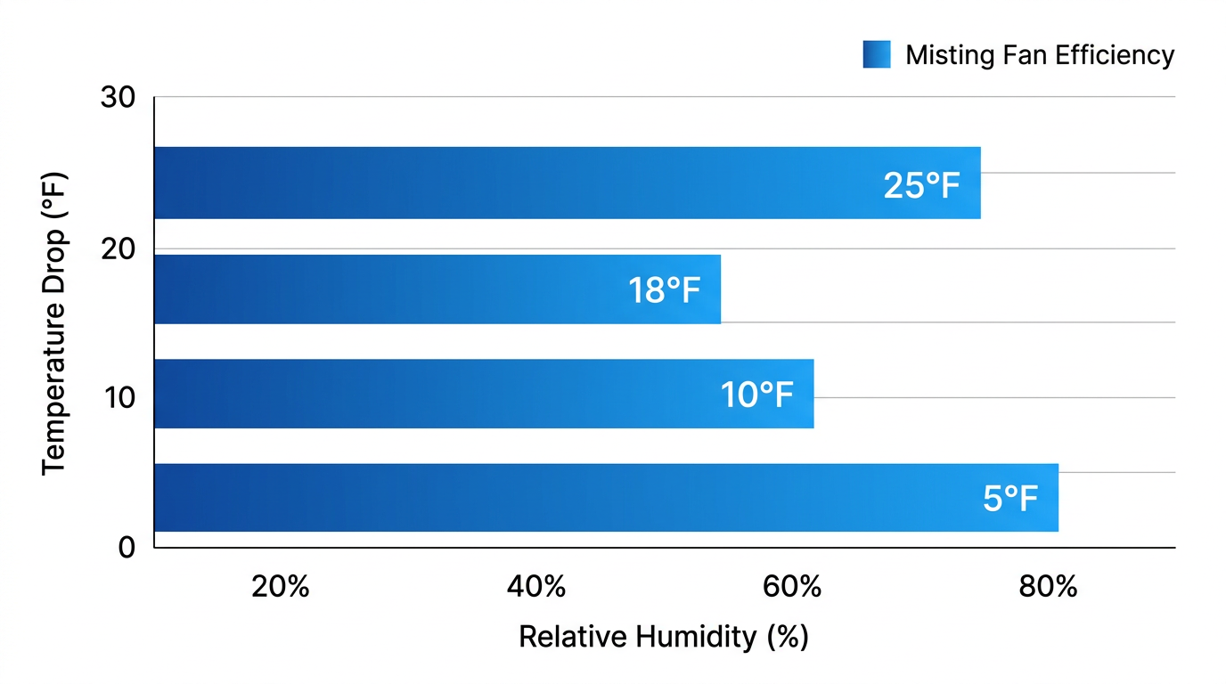 Horizontal bar chart comparing temperature drop of misting fans at different relative humidity levels from 20% to 80%, with values 25°F to 5°F.