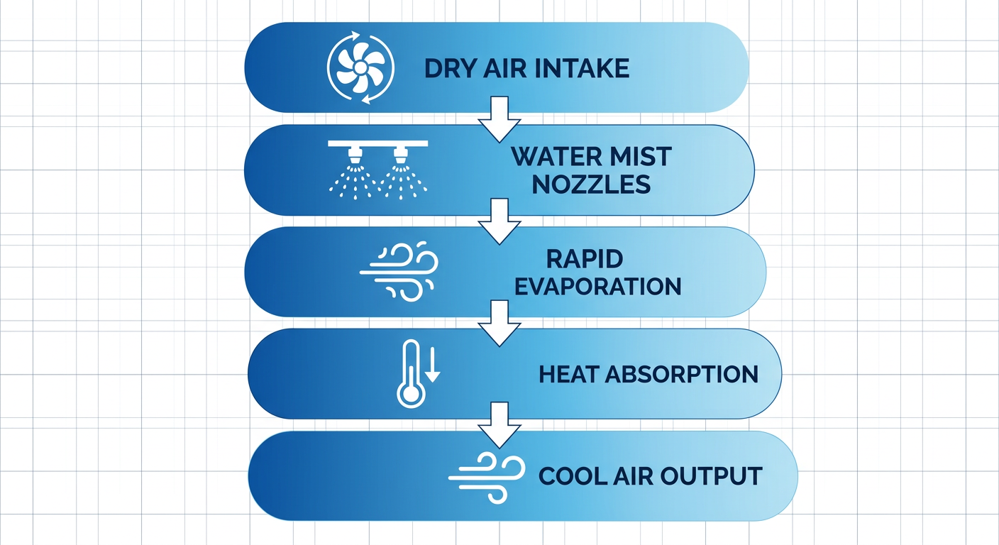 Vertical process flow diagram illustrating five stages of evaporative cooling in misting fans: dry air intake, water mist, evaporation, heat absorption, cool air output.