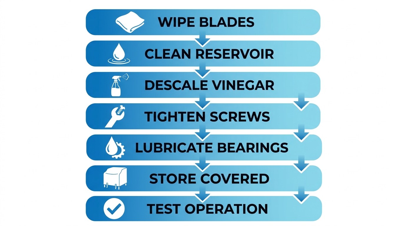 Vertical process flow diagram illustrating 7-step maintenance routine for outdoor misting fans with icons and labels