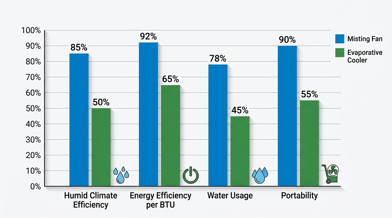 Horizontal bar chart comparing misting fans and evaporative coolers on humid climate efficiency, energy per BTU, water usage, and portability performance scores