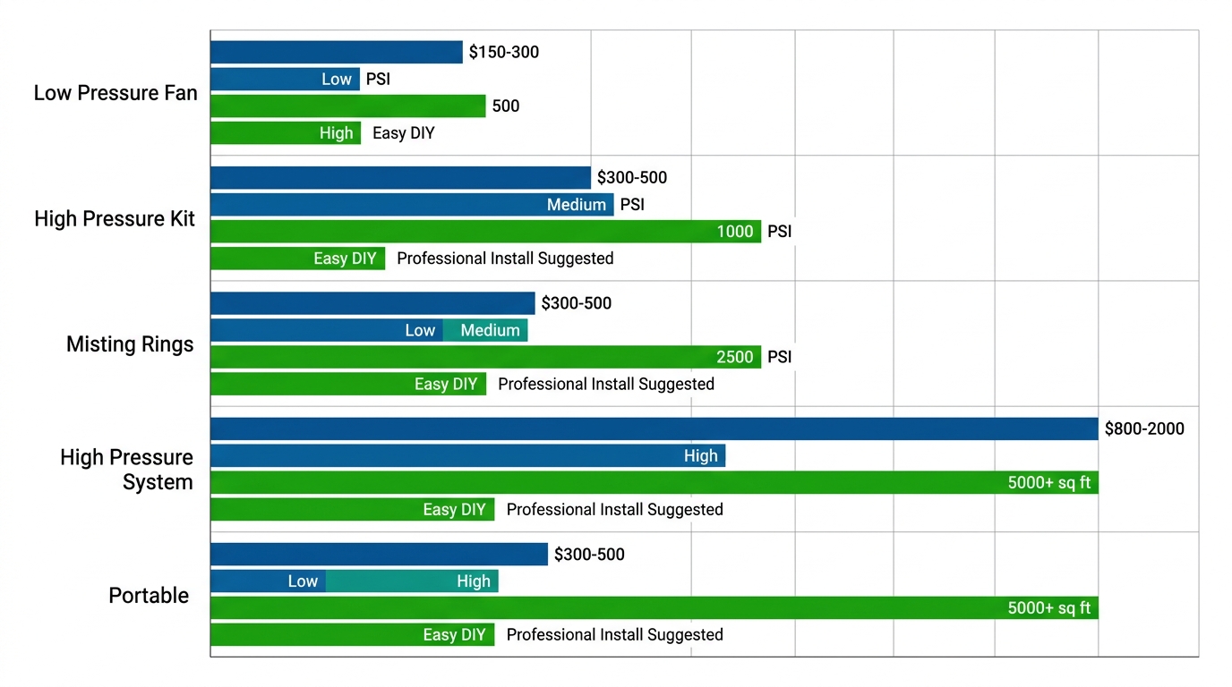 Bar chart comparing Cool-Off fan misting systems by price, pressure, coverage, and installation
