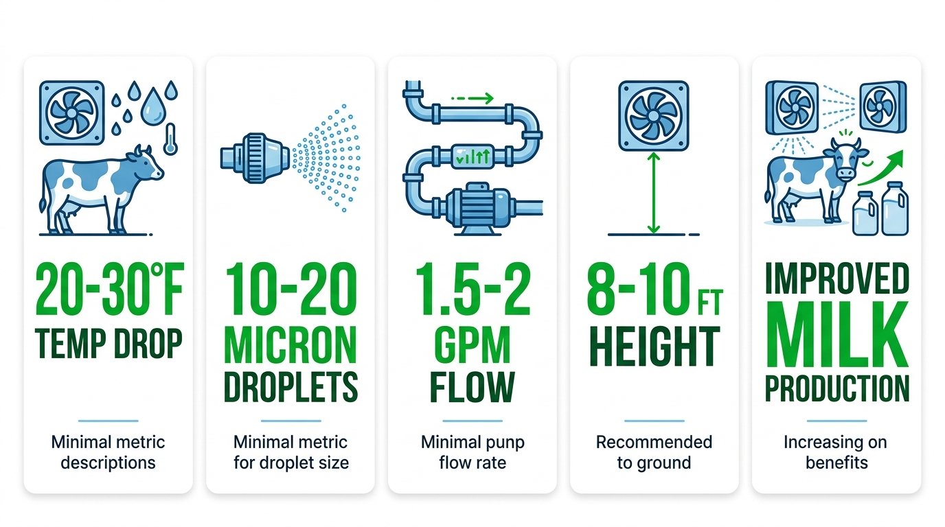 Infographic of fan misting systems essentials for dairy cattle cooling, showing key metrics, components, benefits, and installation guidelines