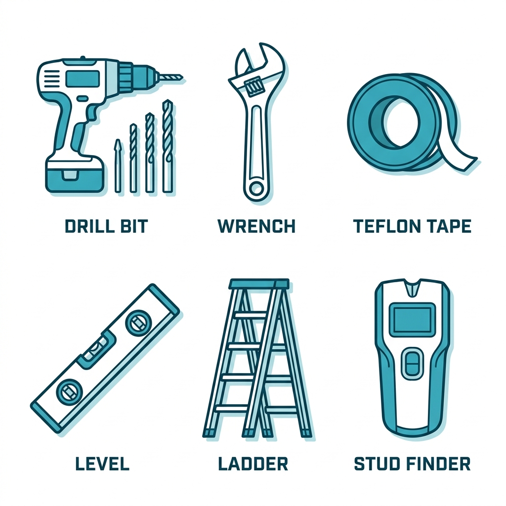 Grid of six icons depicting essential tools for misting fan installation preparation: drill, wrench, tape, level, ladder, and stud finder.