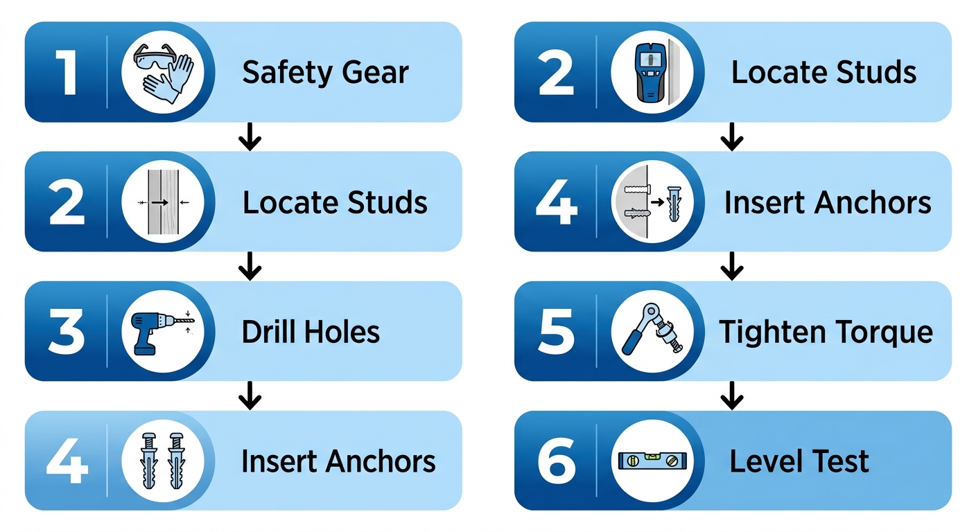 Vertical process flow diagram showing 6 steps to securely mount wall bracket for outdoor misting fan