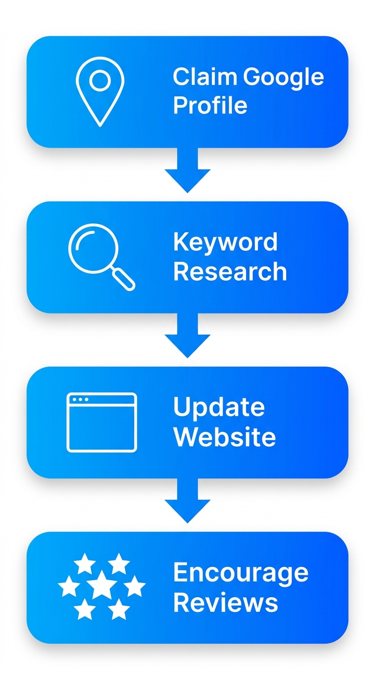 Four-step local SEO process including Google Business Profile optimization, keyword research, website updates, and customer reviews