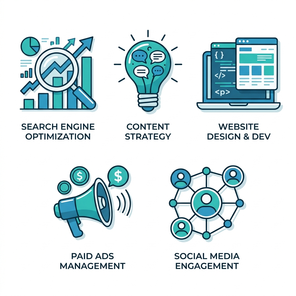 Digital marketing services including SEO, content marketing, website design, paid advertising and social media