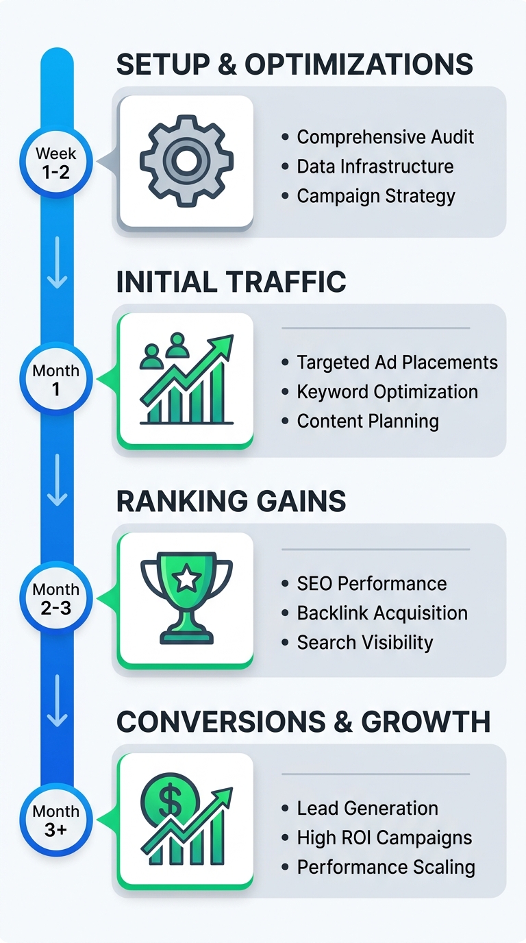 Digital marketing timeline from strategy and setup through measurement and ongoing growth