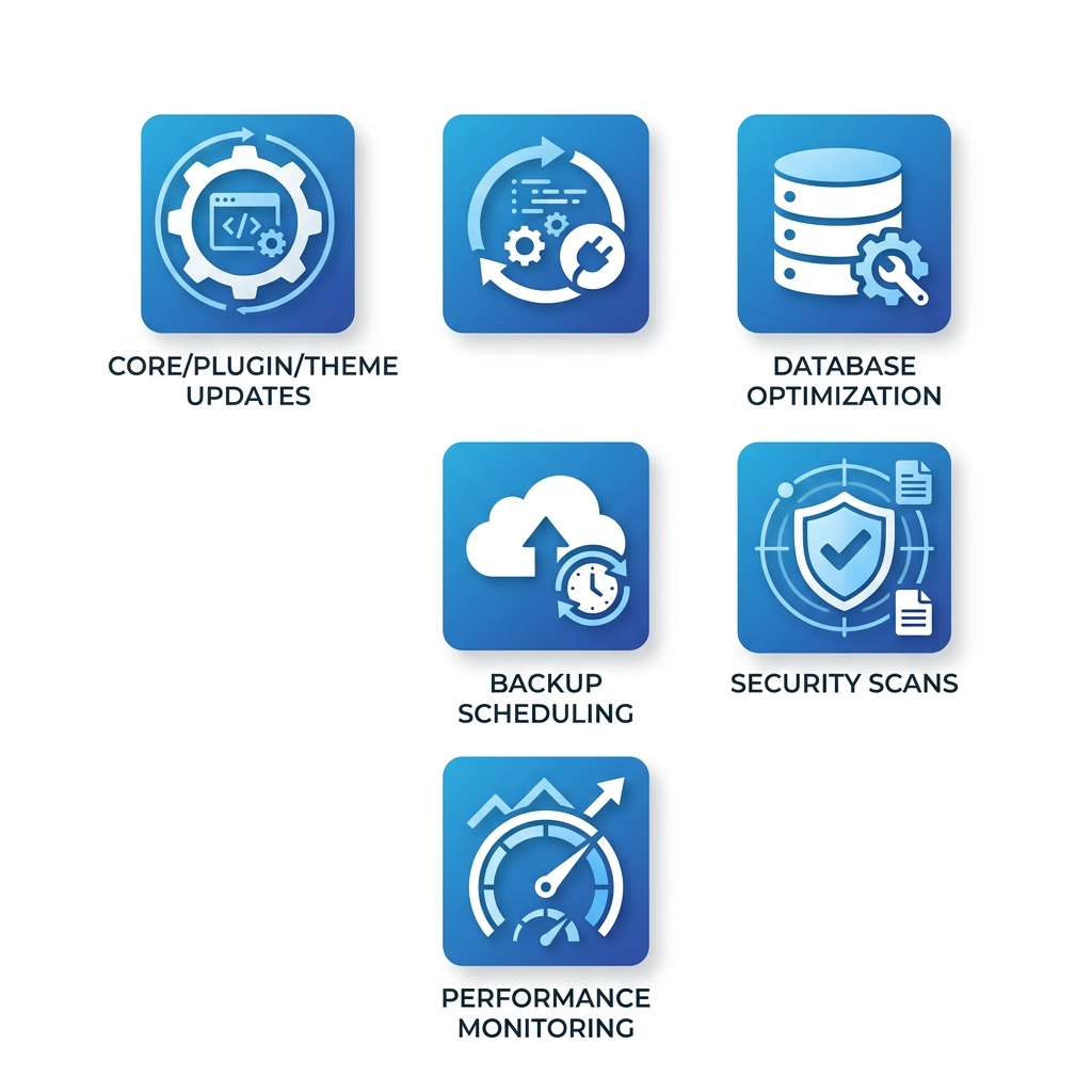 Key WordPress maintenance tasks including updates, backups, security scans and performance monitoring