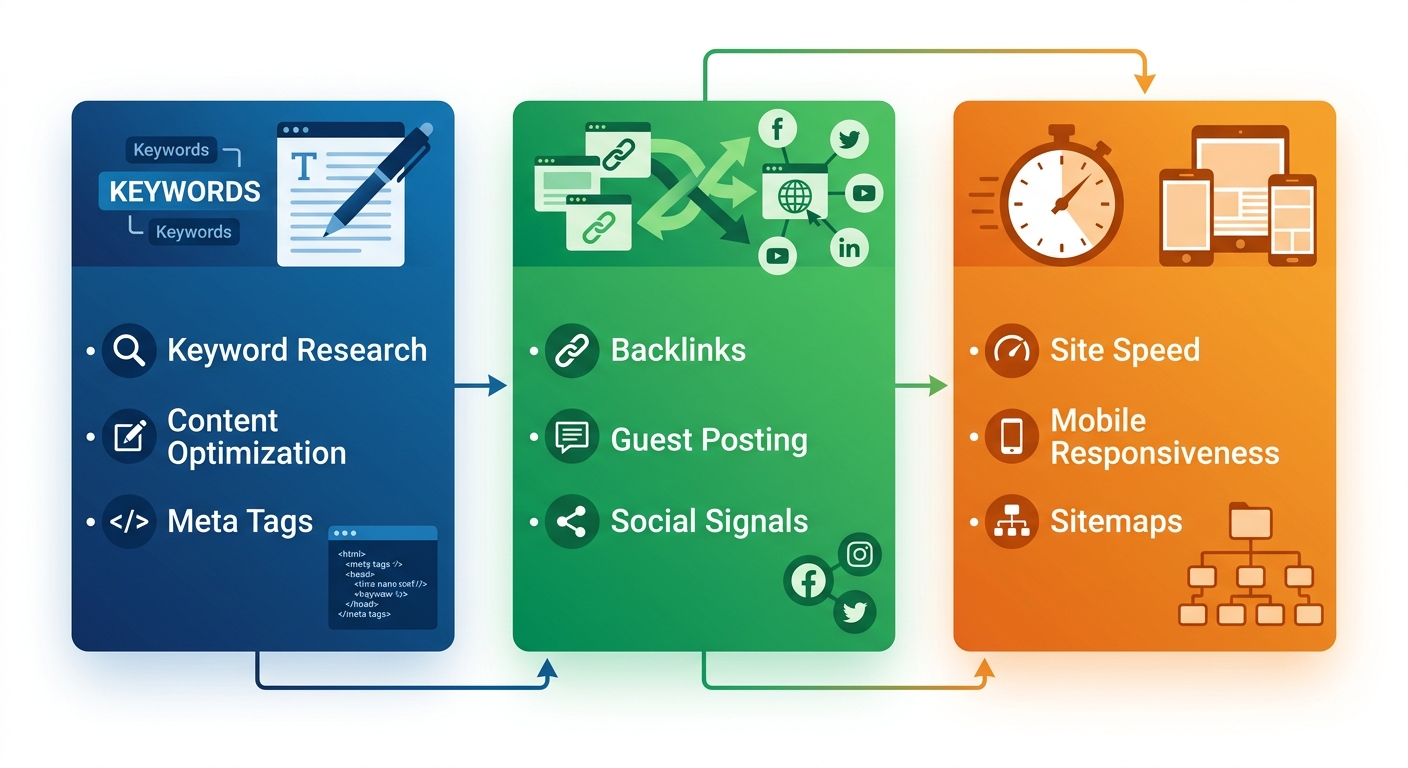 Core SEO components including on-page, off-page and technical SEO