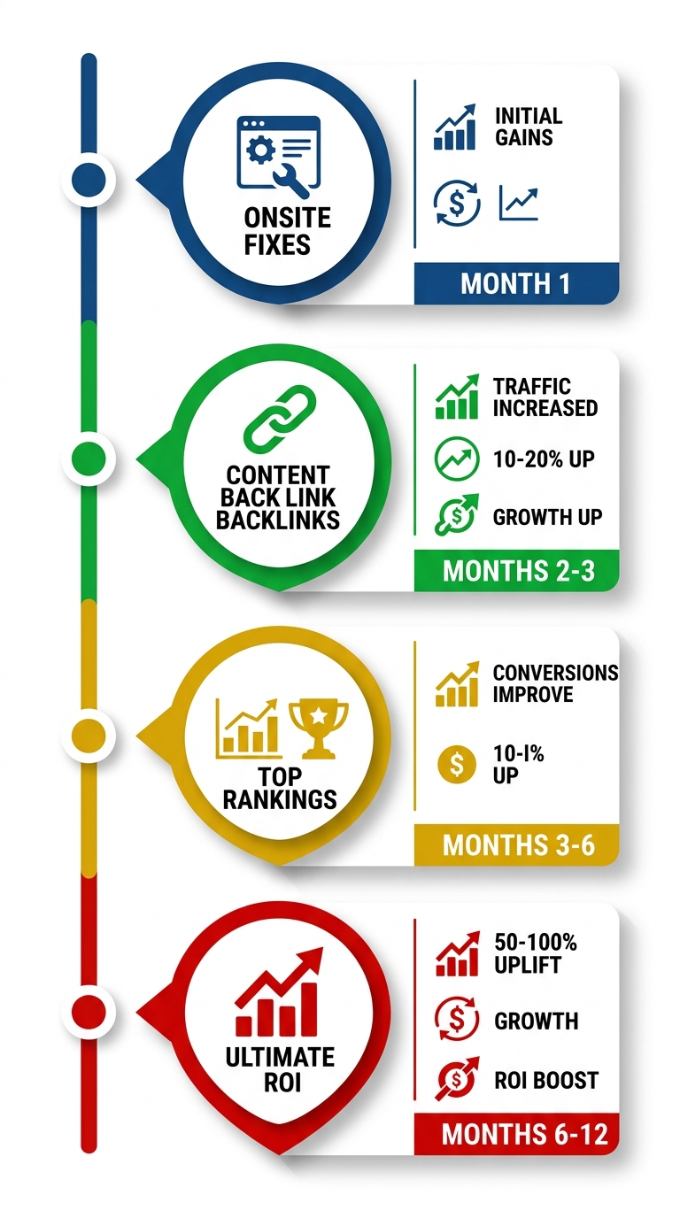 SEO campaign timeline showing phased search optimization and ongoing improvement