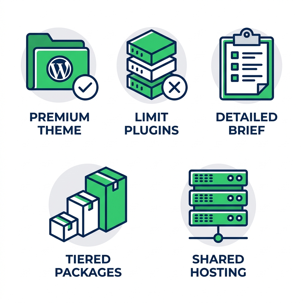 Website project planning considerations including themes, plugins, project requirements and hosting