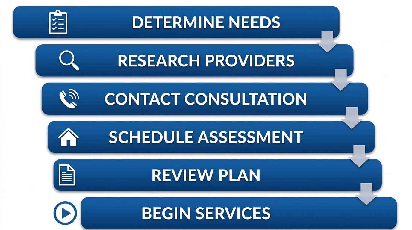 Vertical process flow diagram showing six steps to arrange companion care services in London, Ontario: determine needs, research providers, contact for consultation, schedule assessment, review plan, and begin services.