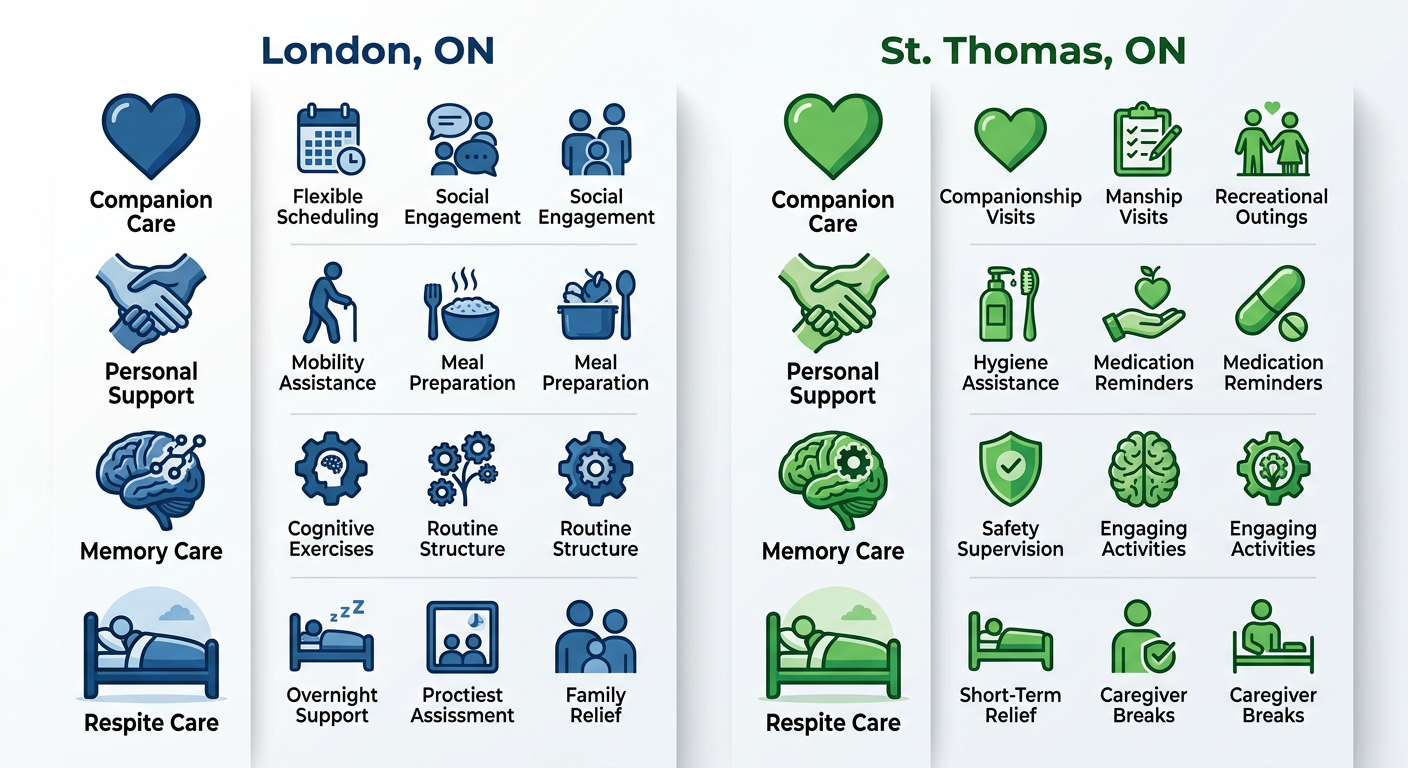 Side-by-side infographic comparing personal support worker services in London and St. Thomas, Ontario with icons for companion care, personal support, memory care, and respite.