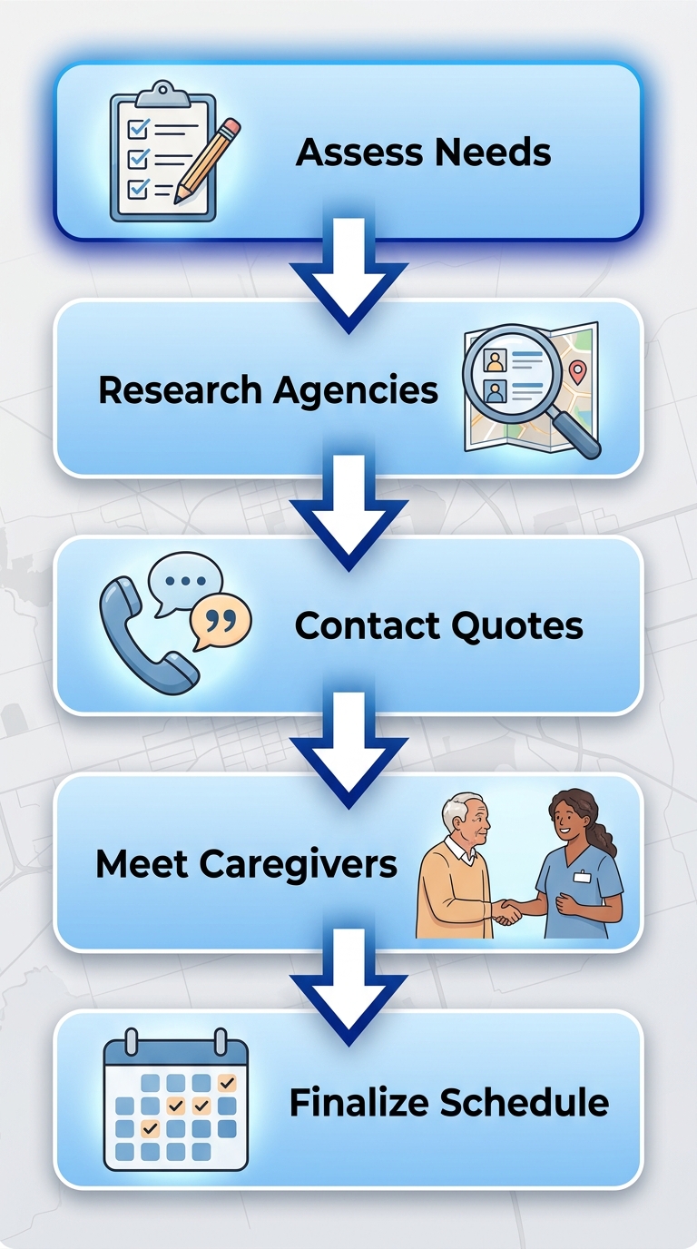 Vertical process flow diagram of 5 steps to arrange companion care in London, Ontario, with icons and minimal labels.