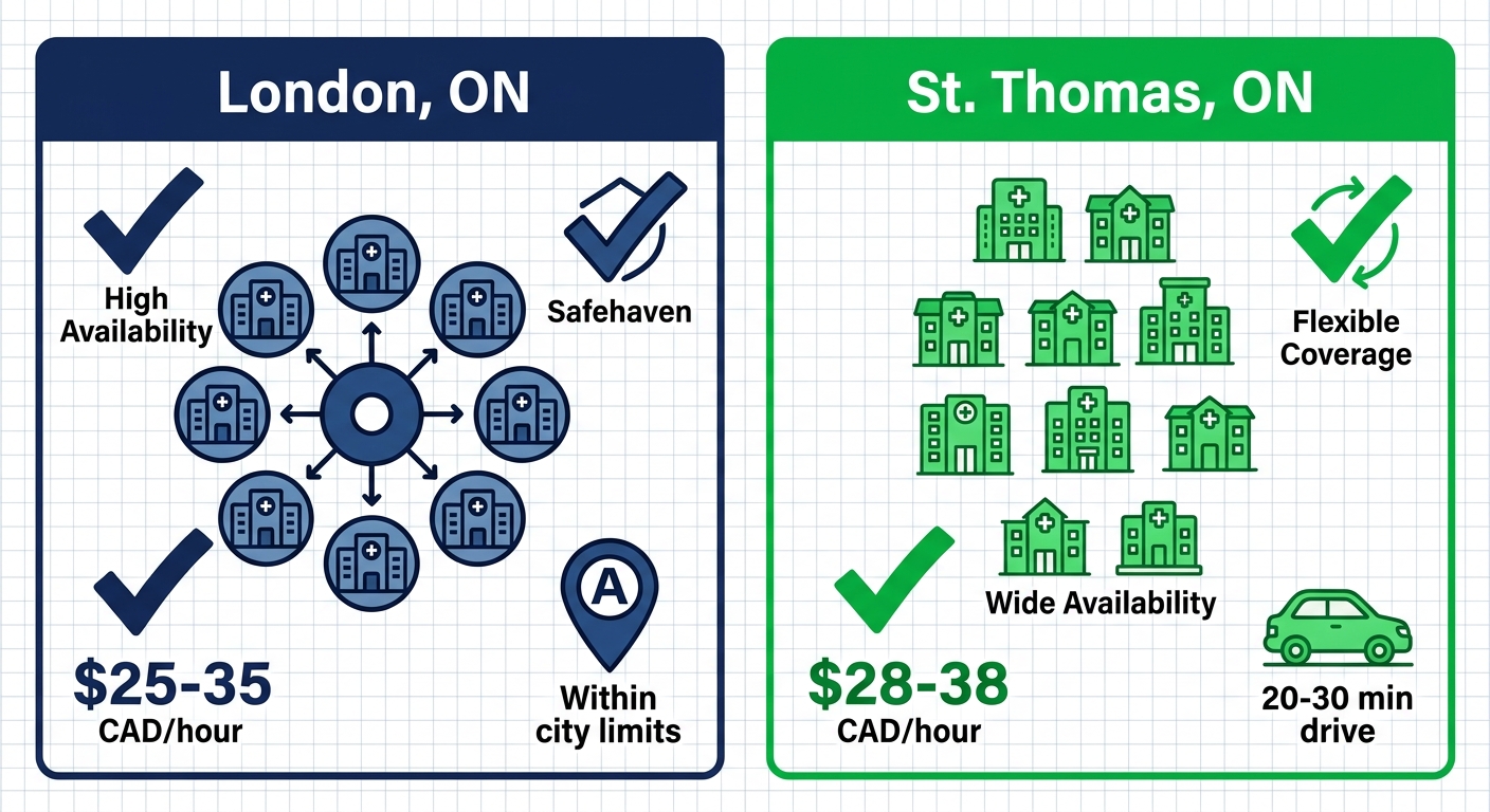 Infographic side-by-side comparison of companion care availability, pricing, and access in London and St. Thomas Ontario areas with icons and metrics.