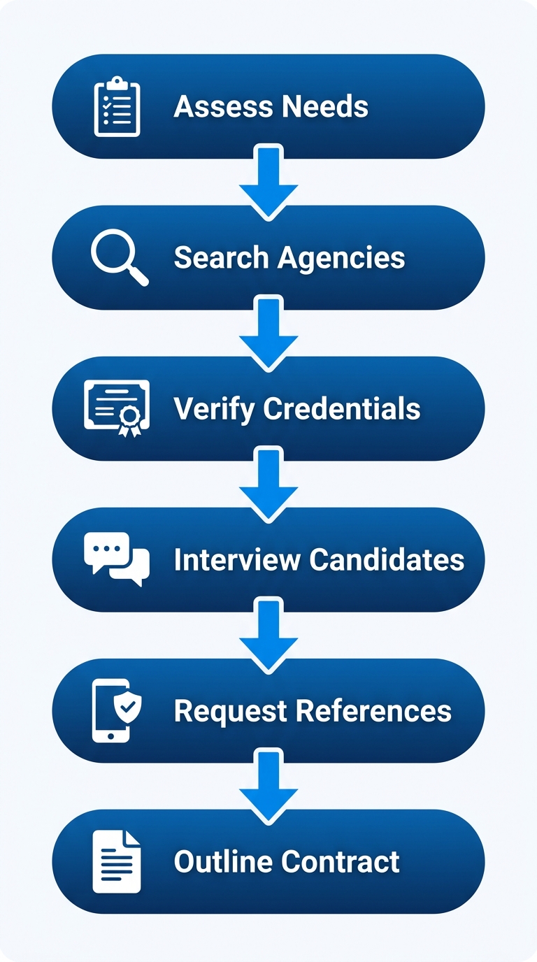 Vertical process flow diagram of 6 steps to hire a nursing home companion locally with icons and labels