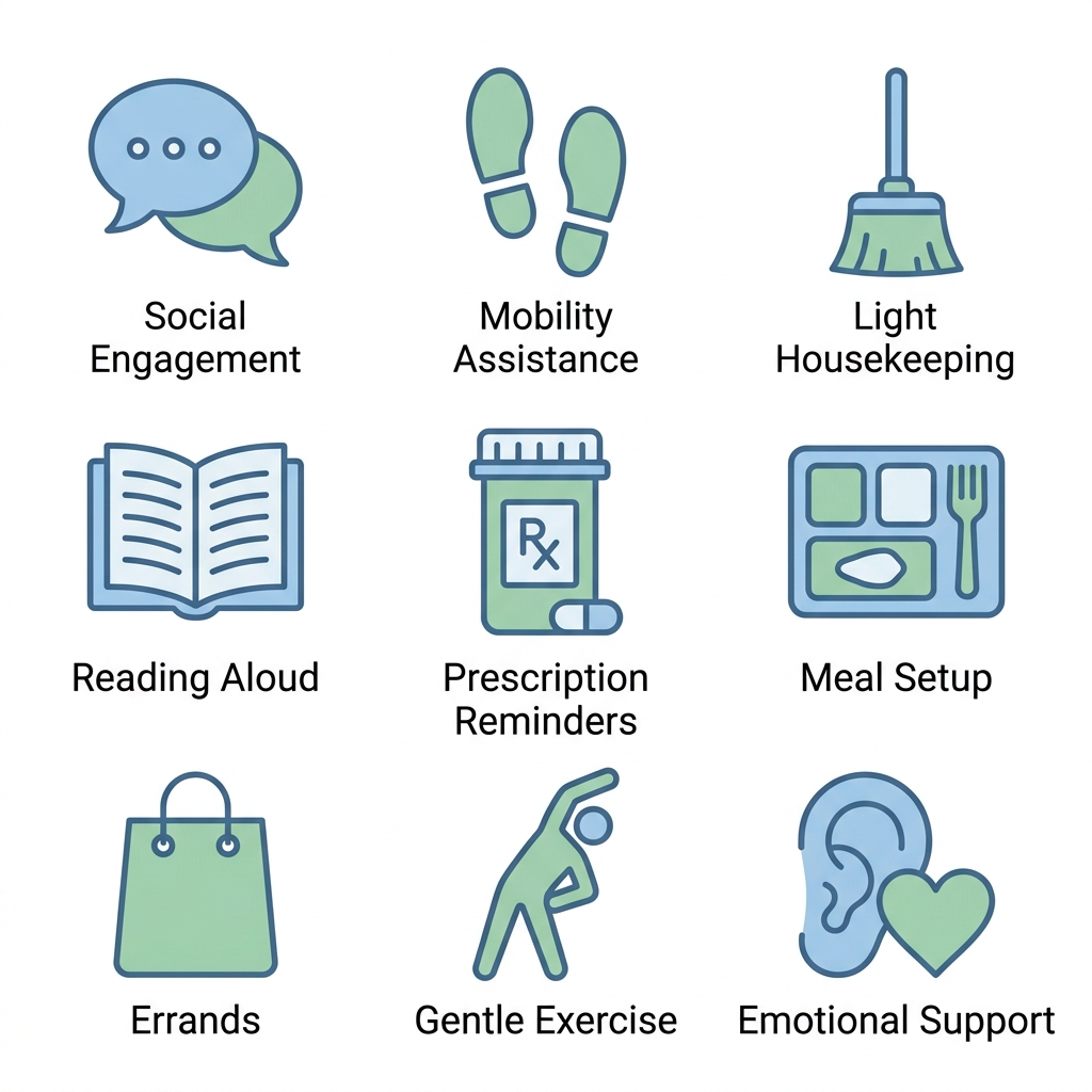 3x3 grid of icons depicting nursing home companion services: social engagement, mobility assistance, housekeeping, reading, prescription reminders, meal setup, errands, exercise, emotional support