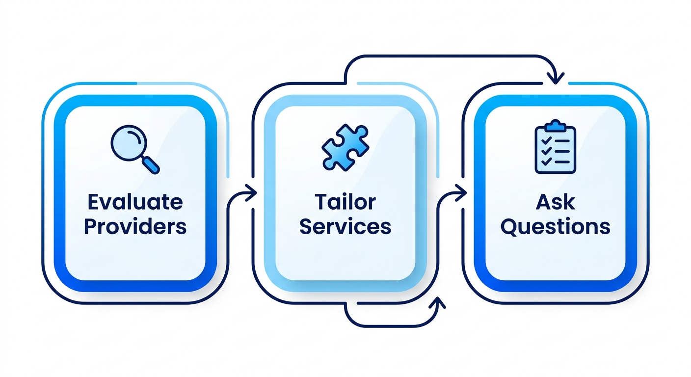 Horizontal infographic process flow with three stages for hiring nursing home companions: evaluate providers, tailor services, and ask questions.