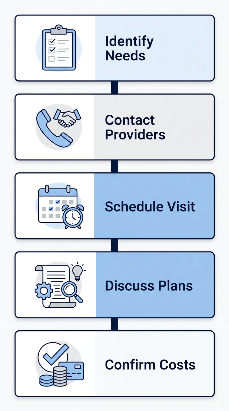 Vertical process flow diagram with five stages for arranging hospital companion care: Identify Needs, Contact Providers, Schedule Visit, Discuss Plans, Confirm Costs, using icons and blue accents.