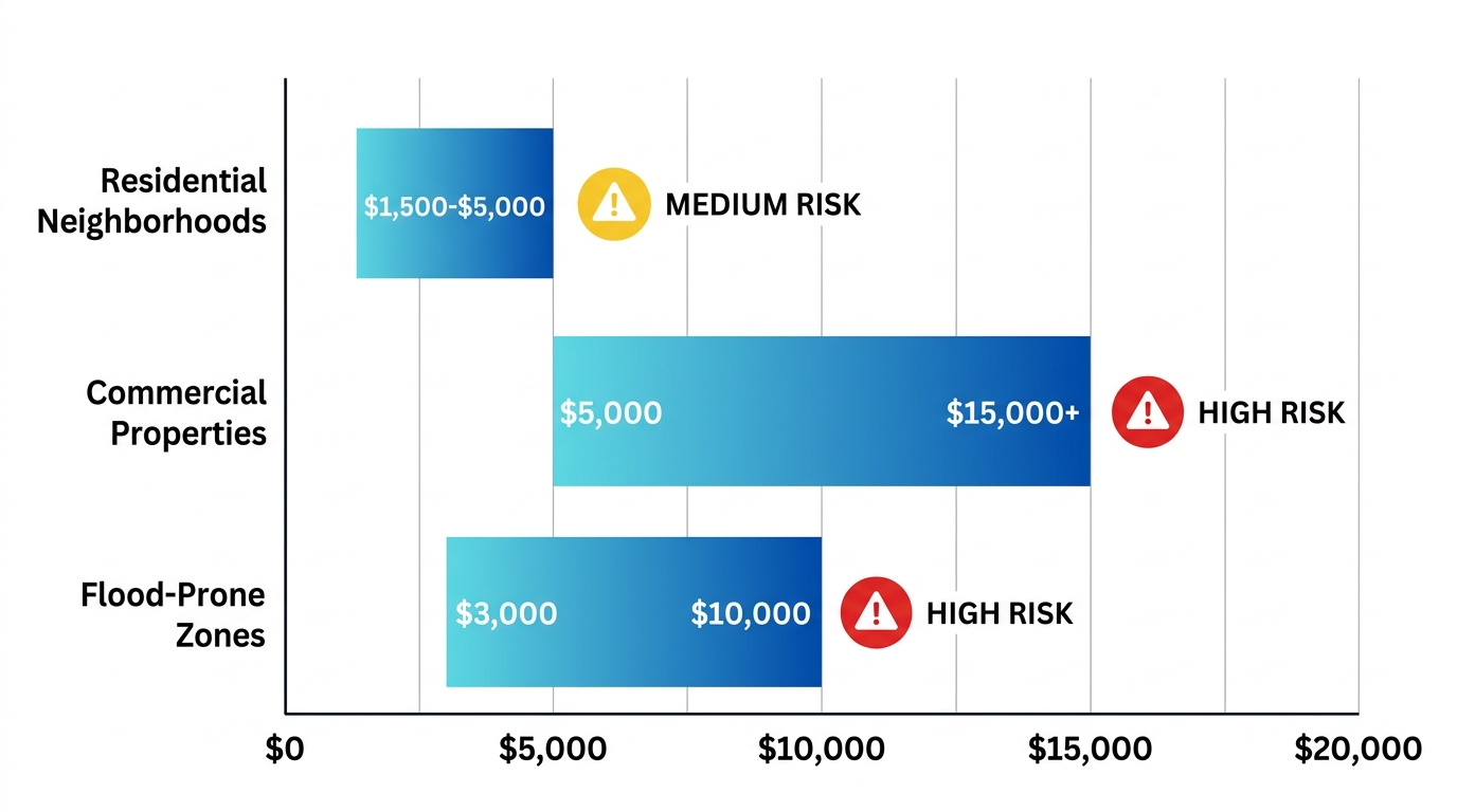 Horizontal bar chart comparing water damage repair cost ranges in Euless residential, commercial, and flood-prone areas with risk icons