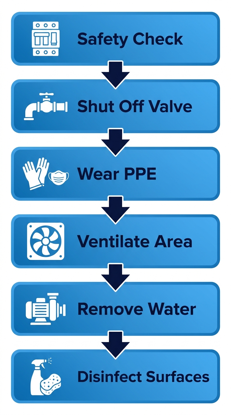 Vertical process flow diagram illustrating six immediate safety actions after water damage: safety check, shut off valve, wear PPE, ventilate, remove water, disinfect surfaces.