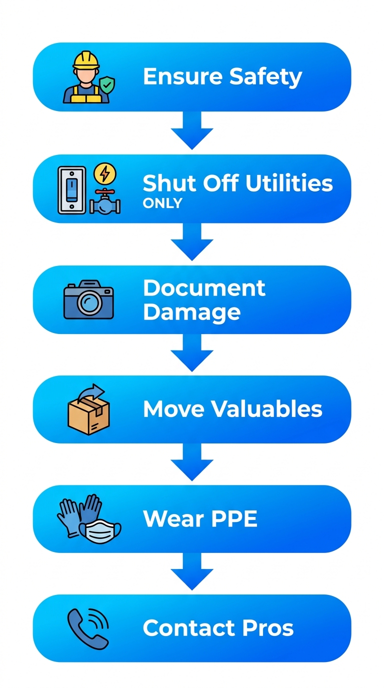 Vertical process flow diagram of six key first steps after water damage: ensure safety, shut off utilities, document damage, move valuables, wear PPE, contact professionals.