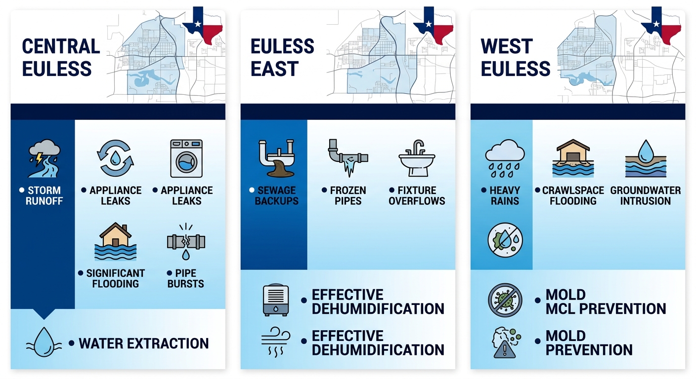 Infographic comparing water damage risks across Euless neighborhoods with icons for common causes and mitigations