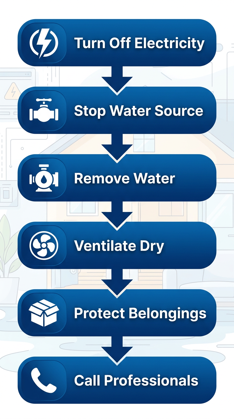 Vertical process flow diagram illustrating six steps for initial response to water damage: turn off electricity, stop source, remove water, ventilate and dry, protect belongings, call professionals.