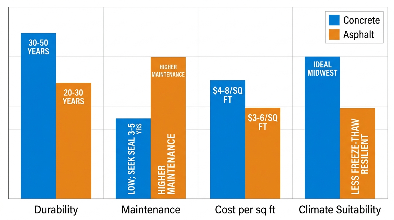 Horizontal grouped bar chart comparing concrete and asphalt in durability, maintenance, cost per square foot, and climate suitability for Indianapolis driveways and patios