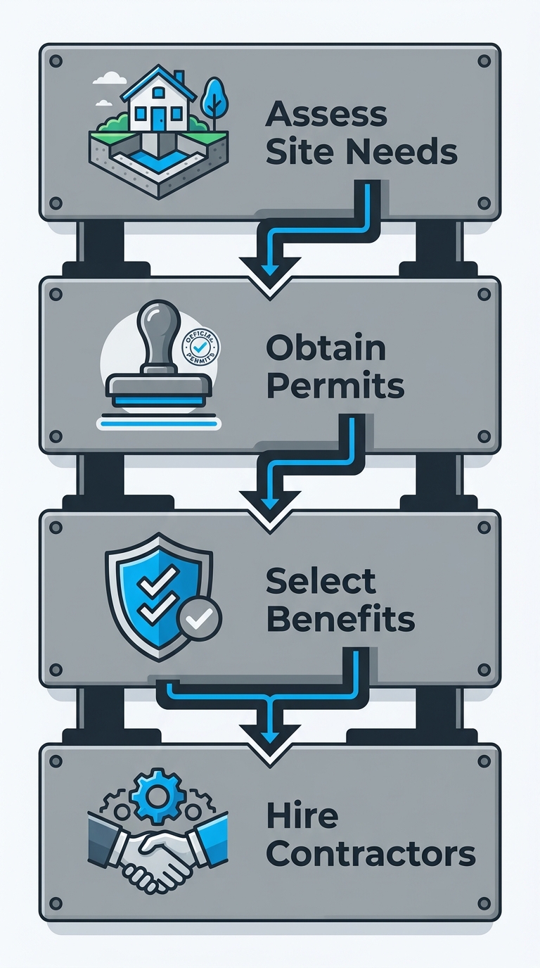 Vertical process flow illustrating 4 steps to start concrete projects in Indianapolis: assess site needs, obtain permits, select benefits, hire contractors.