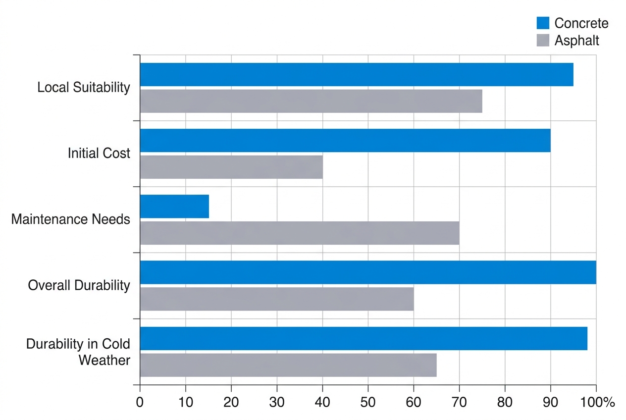 Horizontal bar chart comparing concrete and asphalt performance on durability, maintenance, cost, and suitability for Indianapolis residential driveways and patios