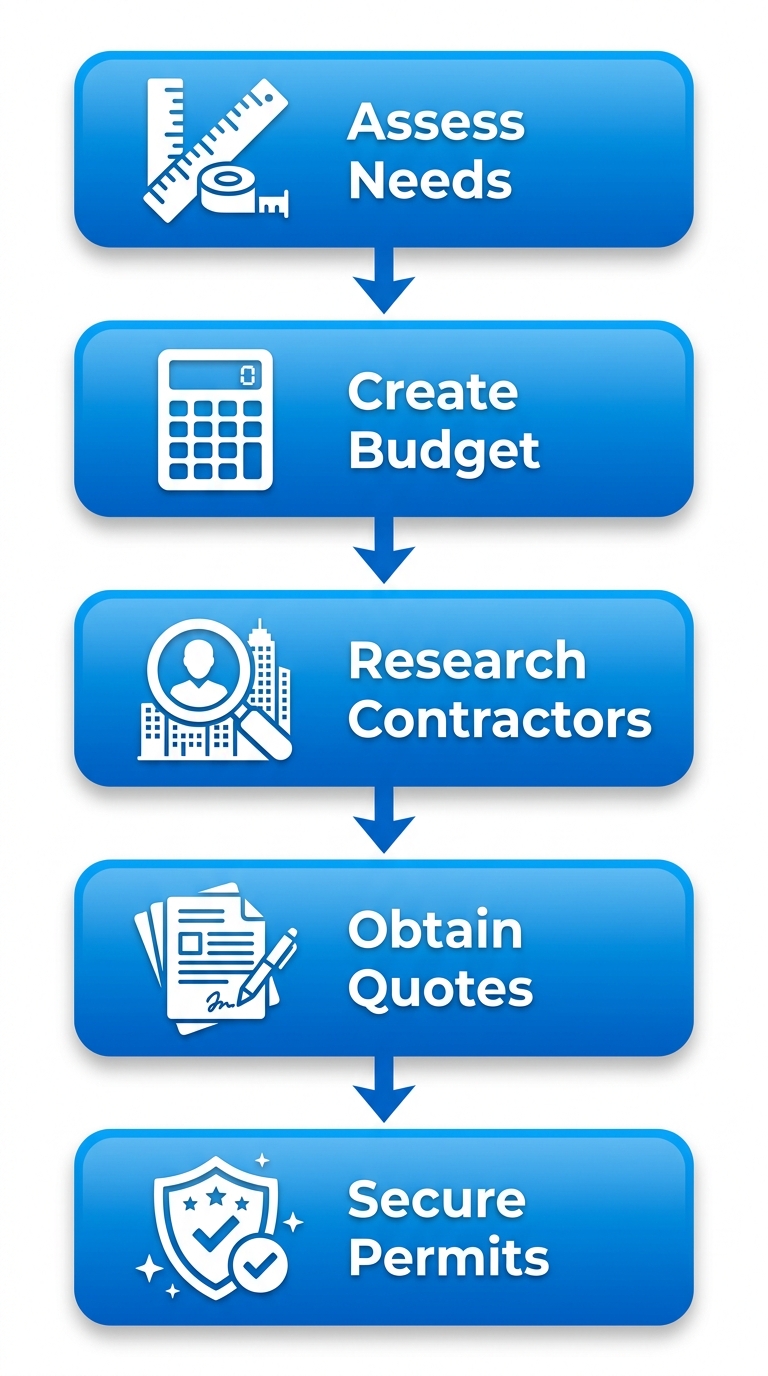 Vertical process flow diagram outlining five steps to start a concrete project: assess needs, create budget, research contractors, obtain quotes, secure permits with icons.