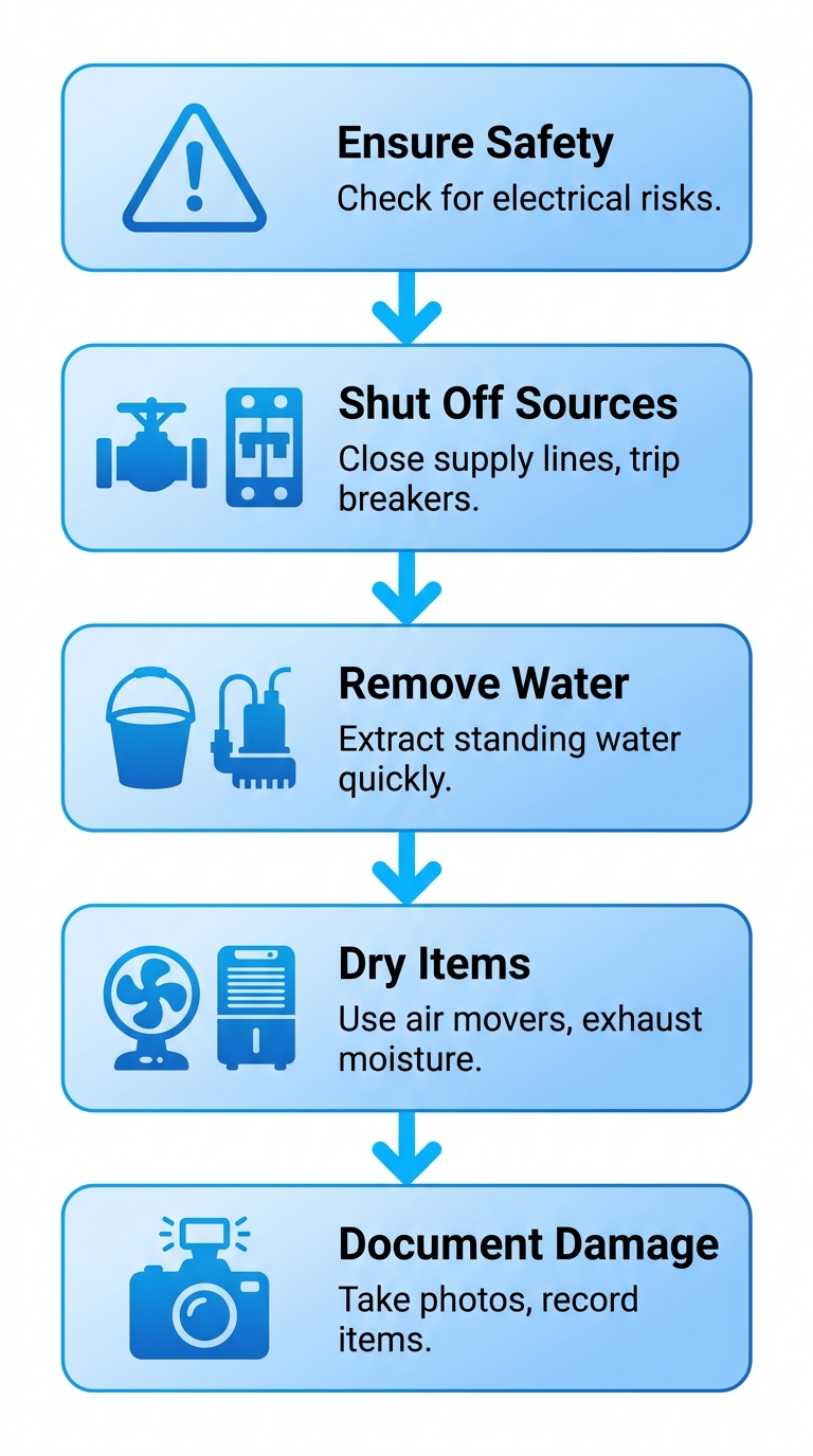 Vertical process flow diagram of five first steps after water damage: ensure safety, shut off water and power, remove standing water, dry items to prevent mold, document damage.
