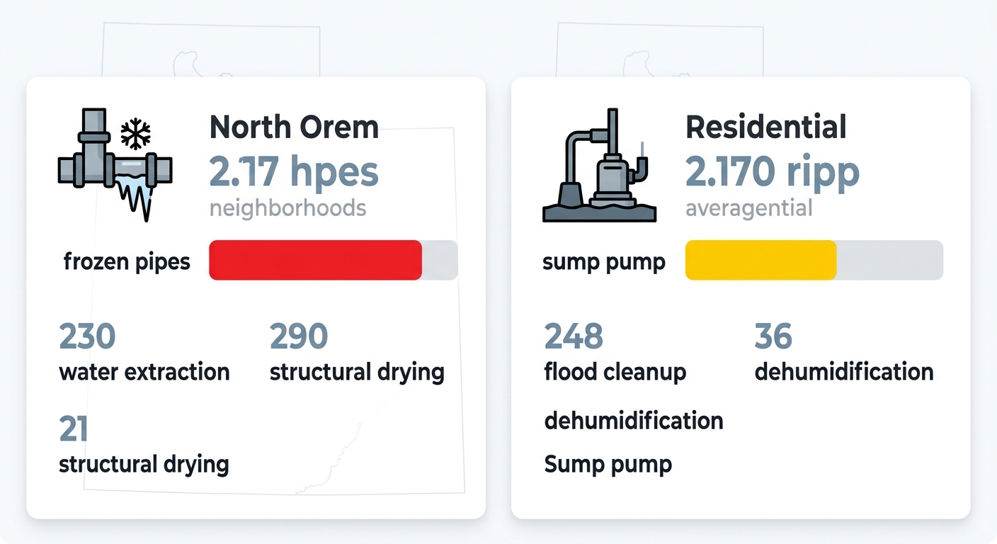 Infographic comparing water damage risks in North Orem and residential areas with icons, risk bars, and service labels