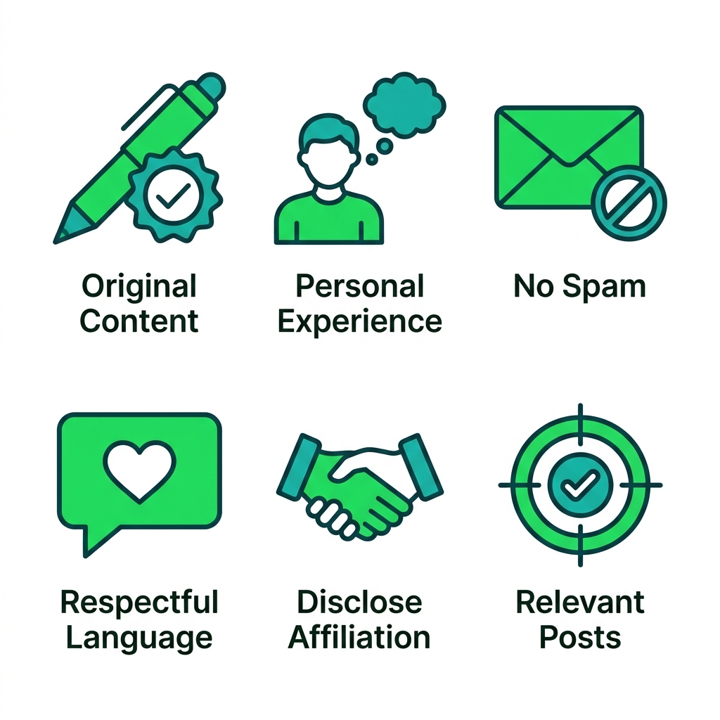 2x3 grid of modern outline icons depicting PureWorks posting rules: Original Content, Personal Experience, No Spam, Respectful Language, Disclose Affiliation, Relevant Posts