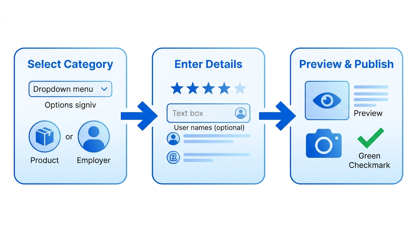 Horizontal process flow diagram showing three steps to submit a review on PureWorks Nigeria: Select Category, Enter Details, Preview and Publish