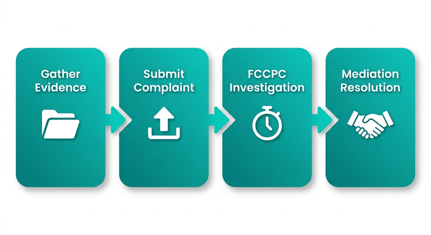 Horizontal process flow diagram of FCCPC complaint handling steps for Jumia Nigeria customer feedback: gather evidence, submit complaint, investigation, mediation.