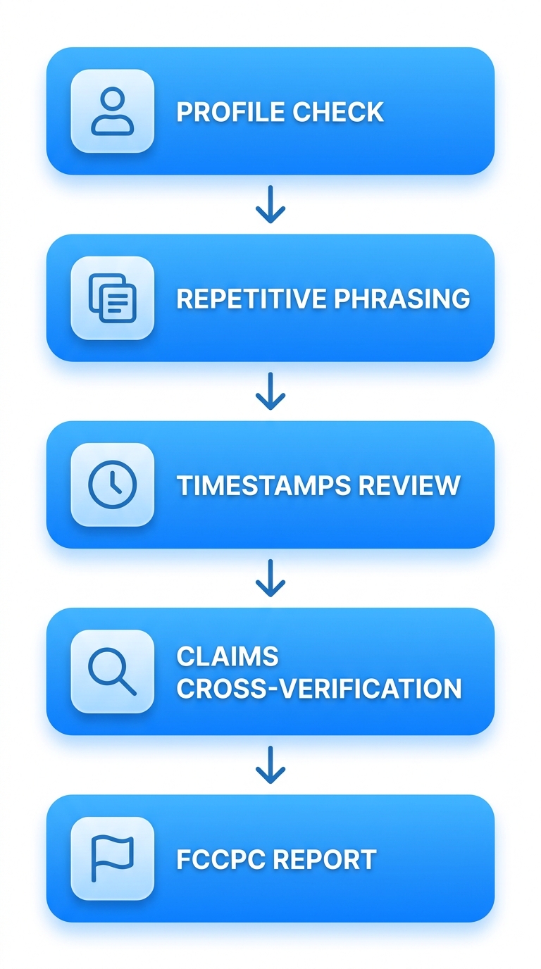 Vertical process flow diagram showing five techniques to spot fake reviews: examine reviewer profile, scan identical phrasing, check posting timestamps, cross-verify claims, and report to FCCPC.