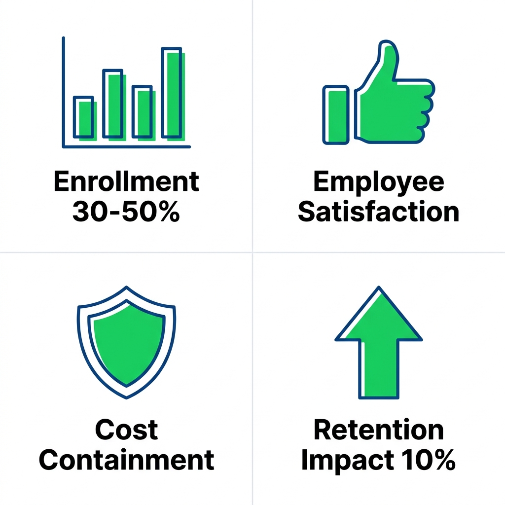 2x2 grid of flat outline icons for supplemental benefits goals: bar chart enrollment rates, thumbs up satisfaction, shield cost containment, arrow retention impact.