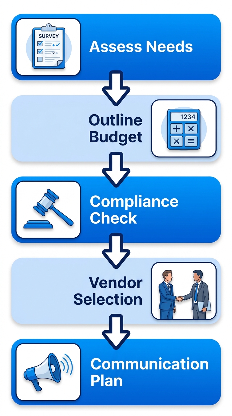 Vertical process flow diagram of five key preparation stages for supplemental employee benefits program launch: assess needs, outline budget, compliance check, vendor selection, communication planning.