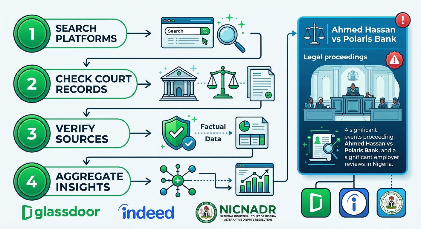 Infographic illustrating 4-step process to explore trustworthy employer reviews in Nigeria, featuring court case example and platform icons