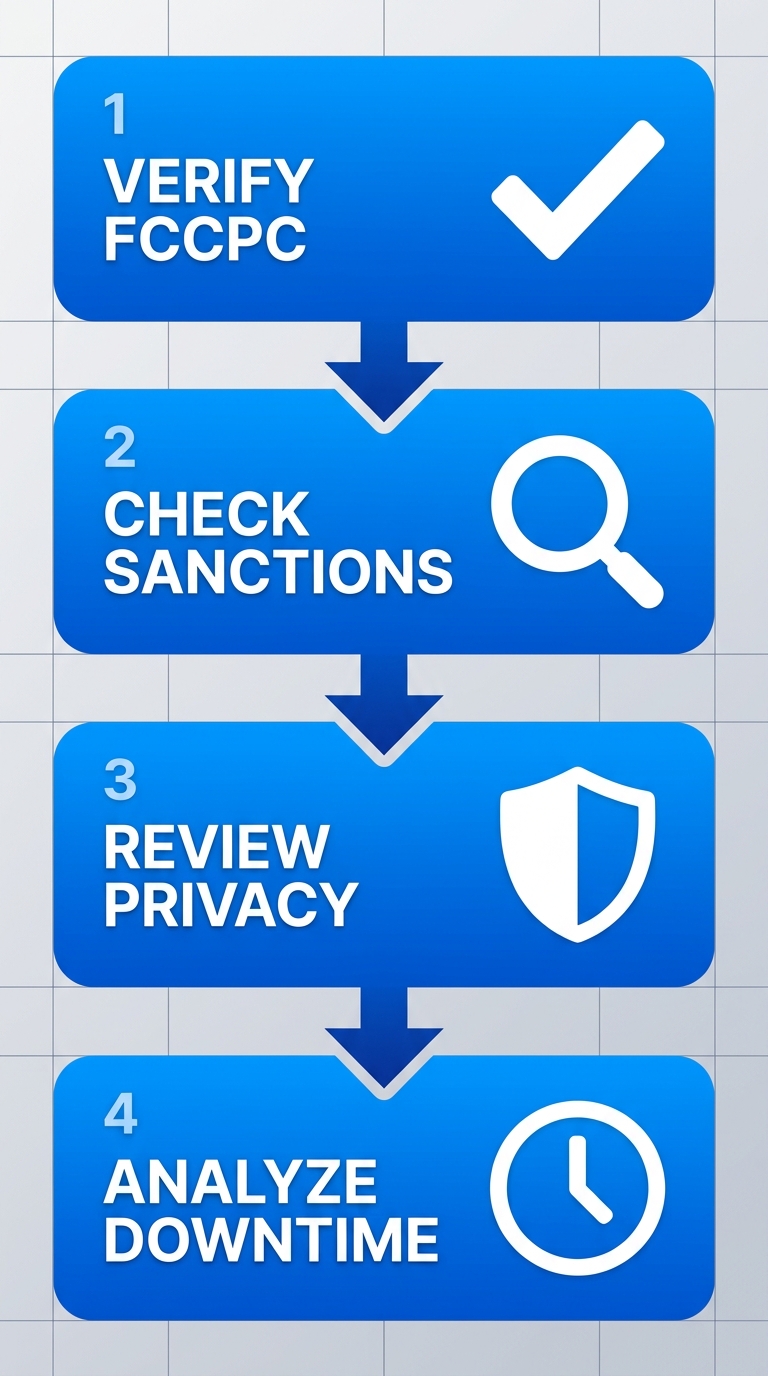 Vertical process flow diagram with 4 steps to assess PureWorks Nigeria platform reliability: verify FCCPC registration, check sanction history, review privacy policy, analyze downtime incidents.