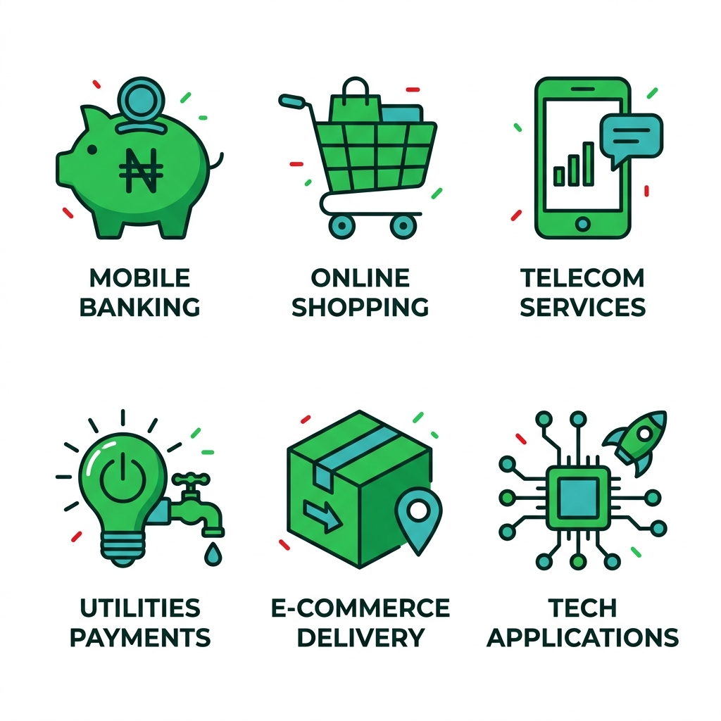 Grid of six icons representing review categories: banking piggy bank, products shopping cart, telecom mobile phone, utilities light bulb, e-commerce delivery box, tech circuit board on Nigerian platforms.