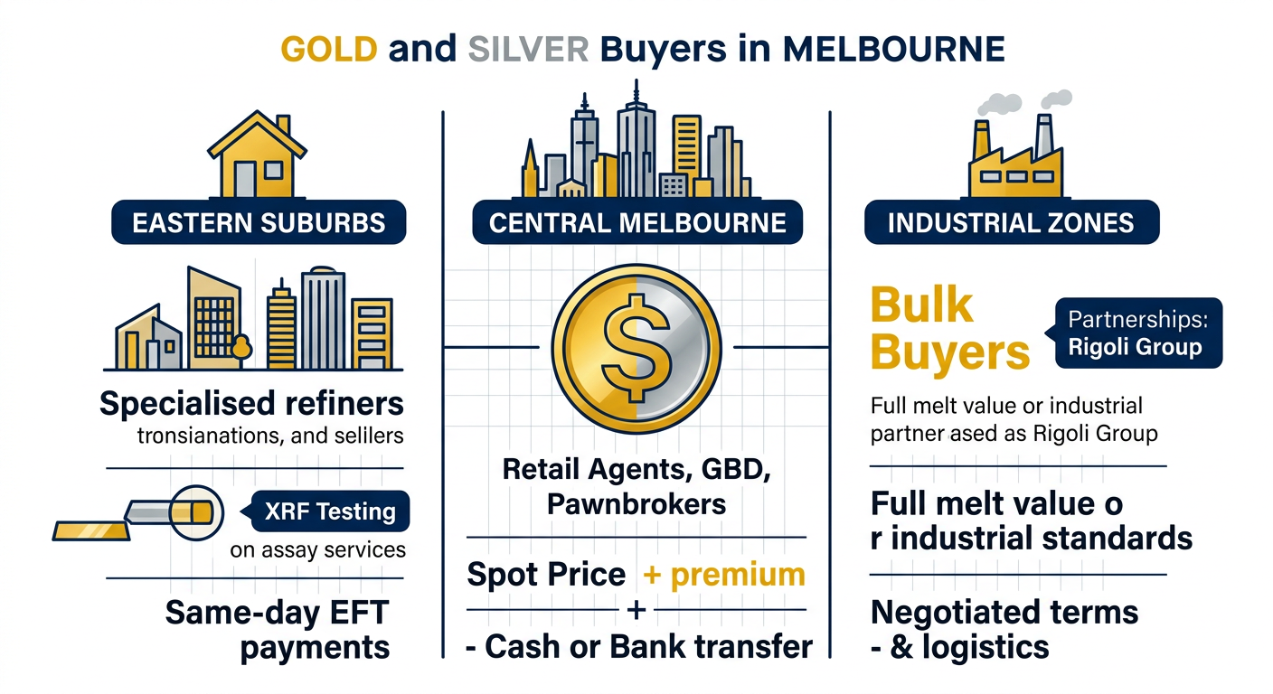Infographic comparing gold and silver buyers in Central Melbourne, Eastern Suburbs, and Industrial Zones with icons and key features.