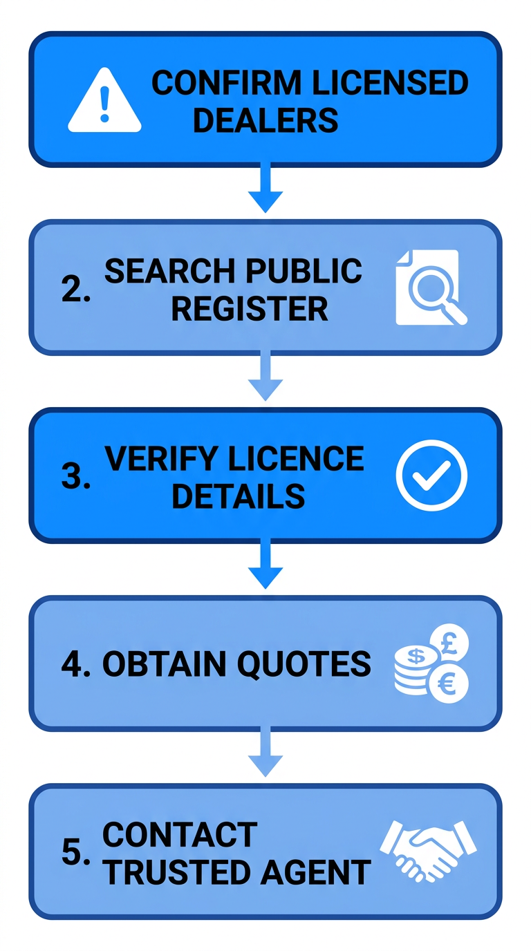 Vertical process flow diagram showing five steps to verify and sell gold and silver to licensed dealers in Melbourne.